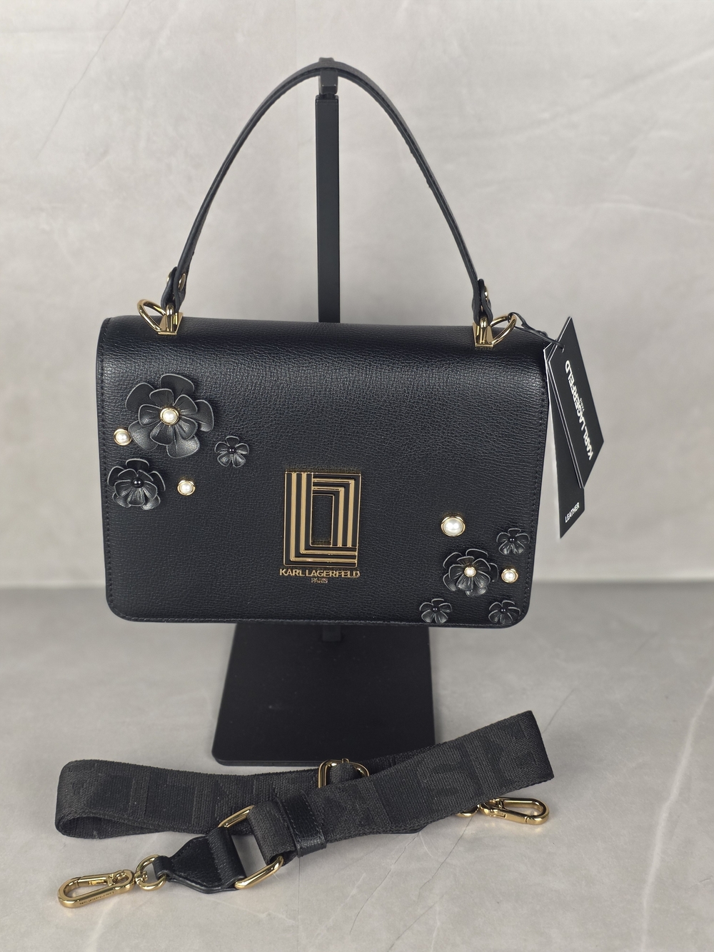 Karl Lagerfeld Black Floral Appliqué Leather Shoulder Bag